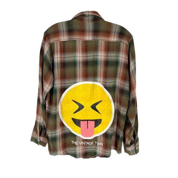 The Vintage Twin Upcycled Plaid Shirt Womens Size Large Copper Olive Emoji - Picture 1 of 9